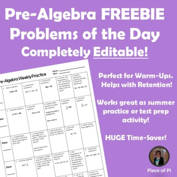 Preview of 8th Grade Pre Algebra Spiraling Warm Ups EDITABLE FREE Practice