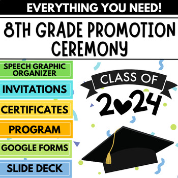 Preview of 8th Grade Promotion Editable Slides, Program, Speech, Invitations & Certificate