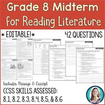 Preview of 8th Grade Reading Midterm Exam | Reading Literature Midterm for Grade 8