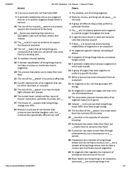 8th Grade Science SSA Vocabulary Crossword Puzzle - Life Science (Student)