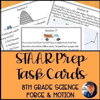 Preview of 8th Grade Science STAAR Test Prep Task Cards: Force, Motion, & Energy Edition