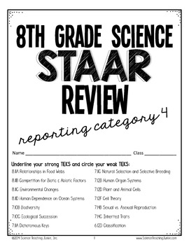 Preview of 8th Grade Science STAAR Test Prep Review-Report. Cat.4 (Organisms&Environments)