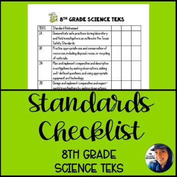 8th Grade Science TEKS Checklist by The Thoughtful Educator  TpT