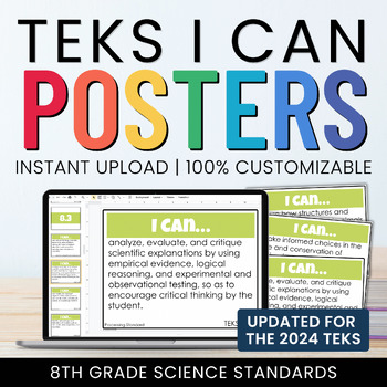 Preview of 8th Grade Science TEKS I Can Statements Posters | Digital + Editable Slides