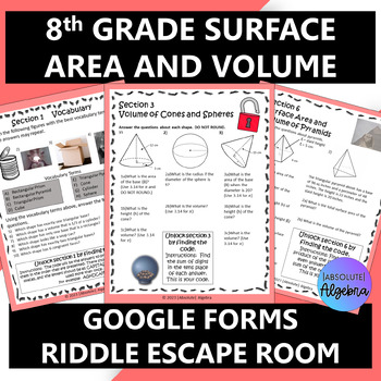 Preview of 8th Grade Surface Area and Volume Digital Riddle Escape Room using Google Forms
