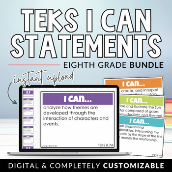 Preview of 8th Grade TEKS I Can Statements Core Subjects Bundle Digital + Editable Slides