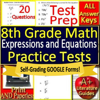 Preview of 8th Grade Math Expressions and Equations Print & SELF-GRADING GOOGLE FORMS TEST