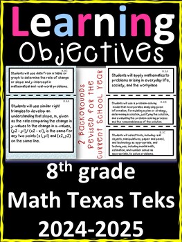 Preview of 8th Grade Texas TEKS Math Learning Objectives Cards | Color & B&W