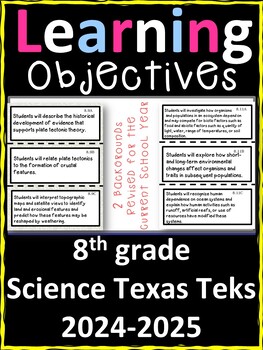 Preview of 8th Grade Texas TEKS Science Learning Objectives Cards | Color & B&W