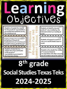 8th Grade Texas TEKS Social Studies Learning Objectives Cards | Color & B&W