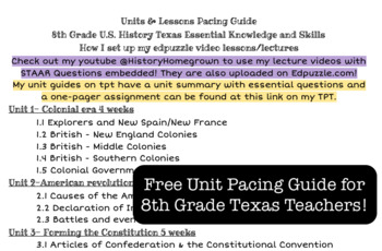 Preview of 8th Grade U.S. History Texas STAAR unit/lesson pacing guides