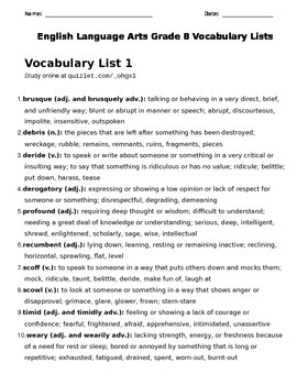 Preview of 8th Grade Vocabulary Lists Packet - 16 Vocabulary Lists - 160 Words