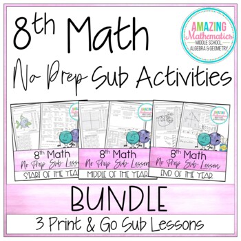 Preview of 8th Math No Prep Sub Lesson / Substitute Teacher Activities Bundle
