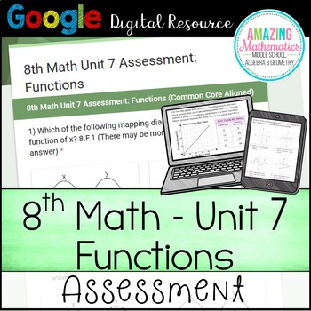 Preview of 8th Math Unit 7 Google Quiz - Functions  - Distance Learning Ready