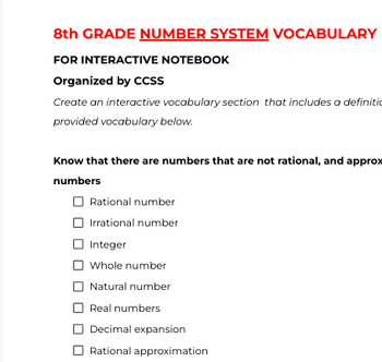 Preview of 8th NUMBER SYSTEM vocabulary list ***CCSS Aligned!!!*** INB template included