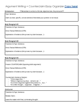 Preview of 8th grade Argument Graphic Organizer & CCSS Standards Rubric EDITABLE!