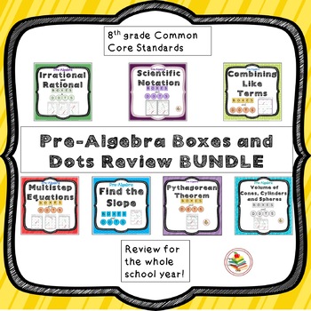 Preview of 8th grade Pre-Algebra and Geometry Common Core Boxes and Dots Review BUNDLE