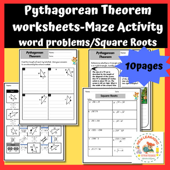 Preview of 8th grade:Pythagorean Theorem worksheet-Maze Activity/word problems/Square Roots