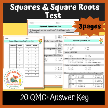 Preview of 8th grade Fall Math activities: Squares & Square Roots Test (QMC) + answer key