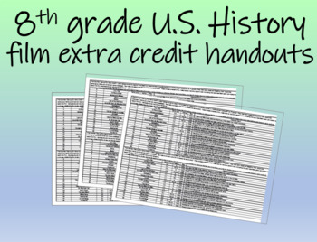 Preview of 8th grade U.S. History film extra credit handouts (20 choices)