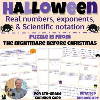 Preview of 8th-grade math - Exponents, Scientific Notation, & roots- Halloween Puzzle