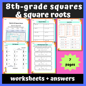 Preview of 8th-grade Fall Math Activities:squares  & square roots  worksheets with answers