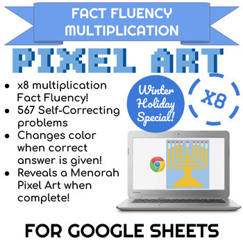 Preview of 8x Multiplication Hanukkah Menorah Pixel Art! Math Fact Fluency on Google Sheets