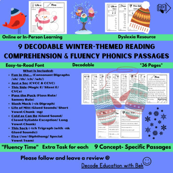Preview of 9 Decodable Winter-Themed Reading Comprehension & Fluency Passages (& Tasks)