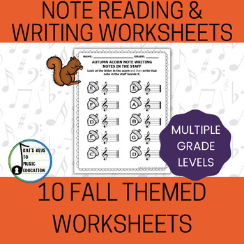 Preview of 10 Fall Themed Note Reading & Writing Music Worksheets - Treble Clef (Gr 2 - 5)