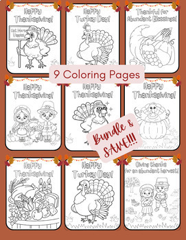 Preview of 9 Happy Thanksgiving Coloring Sheet BUNDLE FUN Printable Pages Turkey Pilgrims