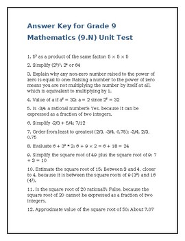 Preview of 9.N Unit Test Answer Key