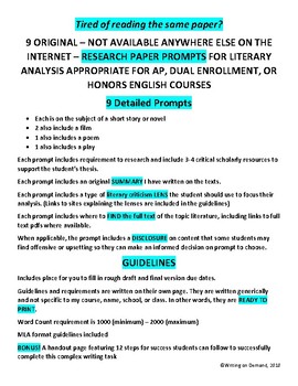 Preview of 9 RESEARCH ESSAY Prompts on Literature for AP Dual Enrollment or Honors English