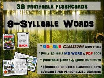 Preview of 9-SYLLABLE WORDS - 36 Printable front/back FLASHCARDS