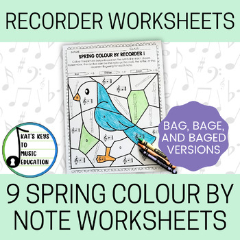 Preview of 9 Spring Themed Recorder Worksheets - Color by Note (BAG, BAGE, and BAGED)