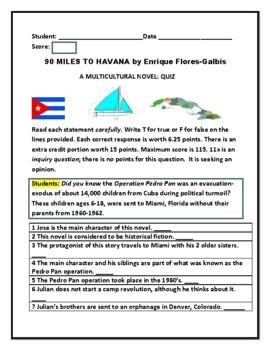 Preview of 90 MILES TO HAVANA BY ENRIQUE FLORES-GALBIS:  A T/F QUIZ  W/ ANSWER KEY