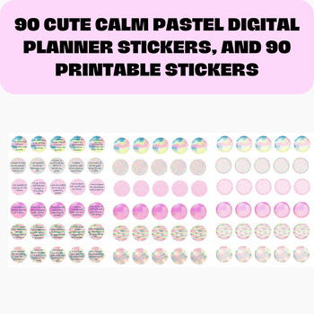 Preview of 90 cute calm pastel digital planner stickers, and 90 printable stickers