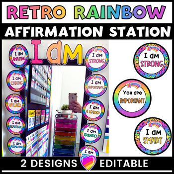 Preview of 90's Retro Rainbow Editable Affirmation Station | Classroom Decor