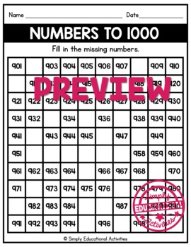 901 to 1000 chart worksheets blank fill in the missing numbers 2nd grade math