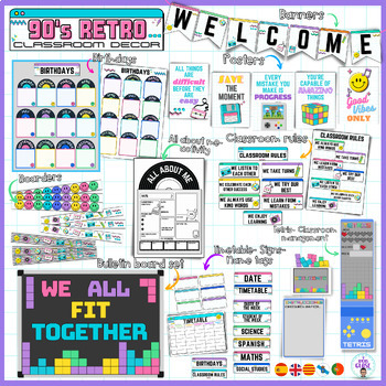 Preview of 90s Retro Classroom Decor Bundle. Pack de decoración 90s back to school