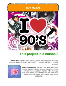 Preview of 90s music web quest and descriptive writing project