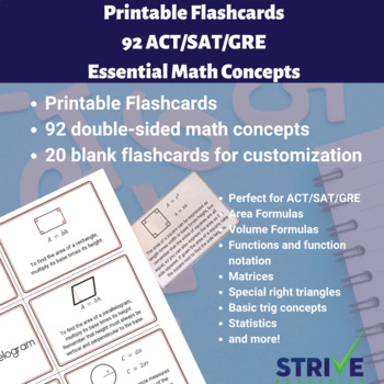 Preview of 92 Essential ACT/SAT/GRE Math Formulas Printable Flashcards For Test Prep