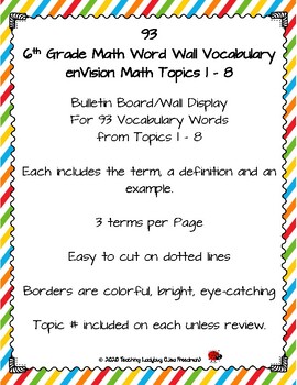 Preview of 93 Sixth Grade Math Word Wall Vocabulary Cards for enVision Math Topics 1 – 8