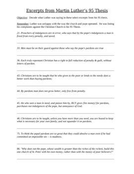 95 Theses - Martin Luther - What do the theses mean worksheet by Amy Miller