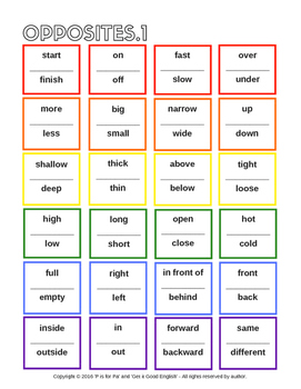 96 pairs of opposites worksheet for english language learners ell efl esl