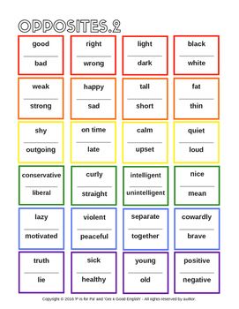 96 pairs of opposites worksheet for english language learners ell efl esl