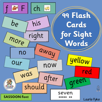 Preview of 99 Sight Words Flash Cards for Tricky Words align w Jolly Phonics - SASSOON Font