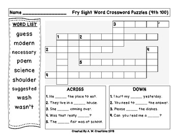 9th 100 Fry Sight Words Crossword Puzzle FREEBIE by A W Creations