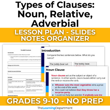 Preview of 9th-10th Test Prep Grammar Lesson Noun, Relative, Adverbial Clauses - PDF