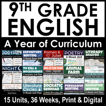 Preview of 9th Grade English ELA Curriculum Bundle for a Full Year With English 9 Lessons