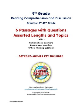 Preview of 9th Grade Reading Comprehension (6 Assorted Topics) w/ Answer Key (8th 9th 10th)